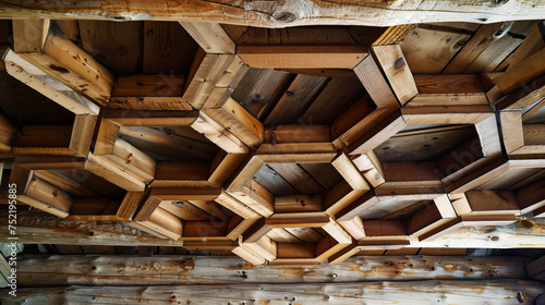 Wooden honeycomb frames hanging from the ceiling of