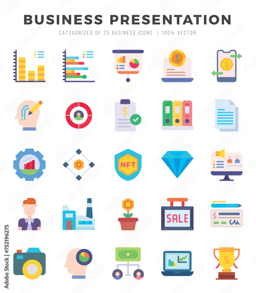 Business Presentation icons set. Collection of simple Flat web icons.