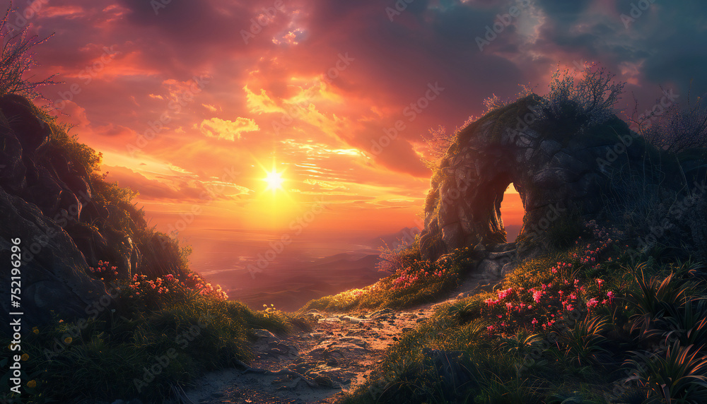 Landscape recreation of sunset in a field with stone bridge - obrazy, fototapety, plakaty 