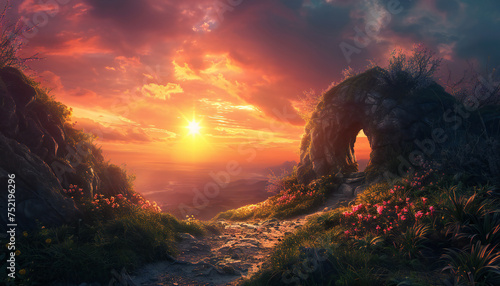 Landscape recreation of sunset in a field with stone bridge