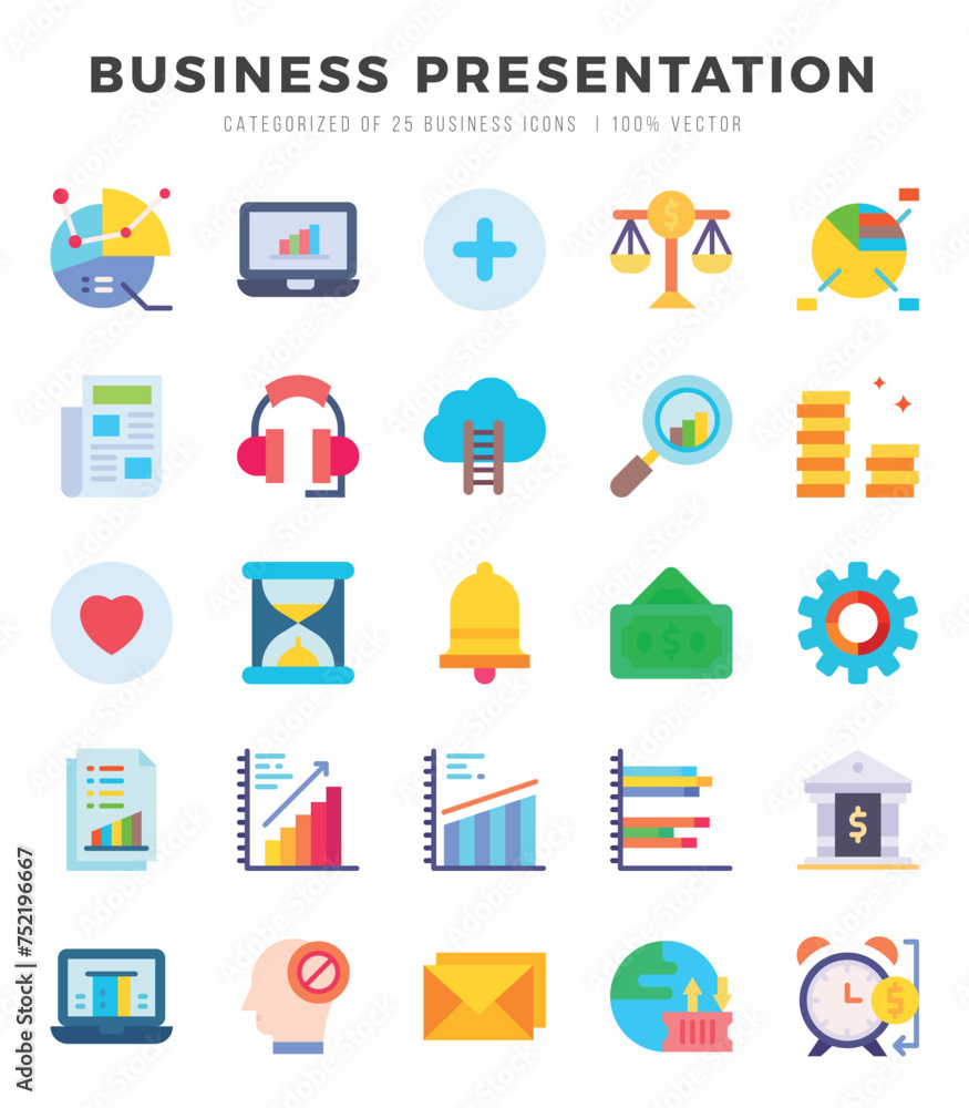 Set of Business Presentation Icons. Simple Flat art style icons pack. Vector illustration.