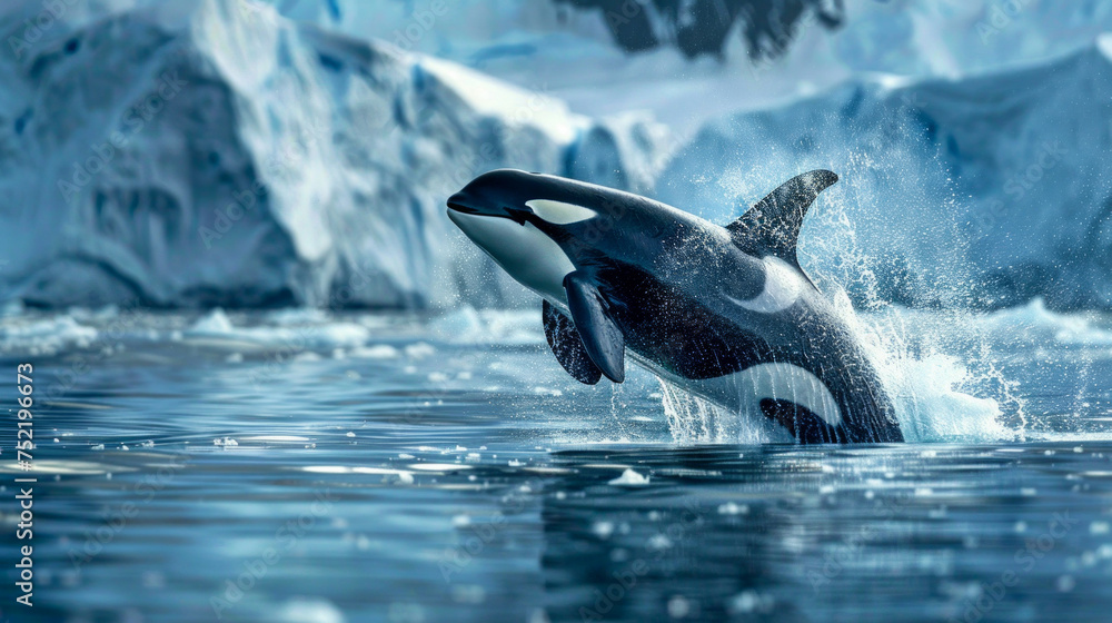 Obraz premium Majestic Orca Whales Leaping in the Arctic Ocean. Generative ai