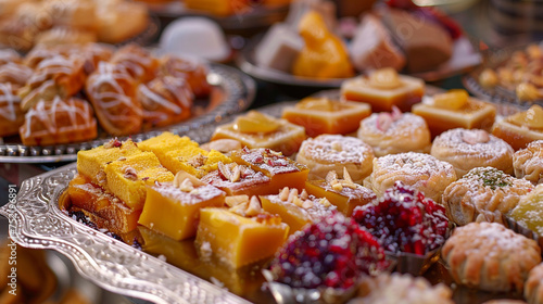 A close-up of delicious traditional sweets, tempting the viewer to indulge in the joy of Eid Mubarak. 8K.