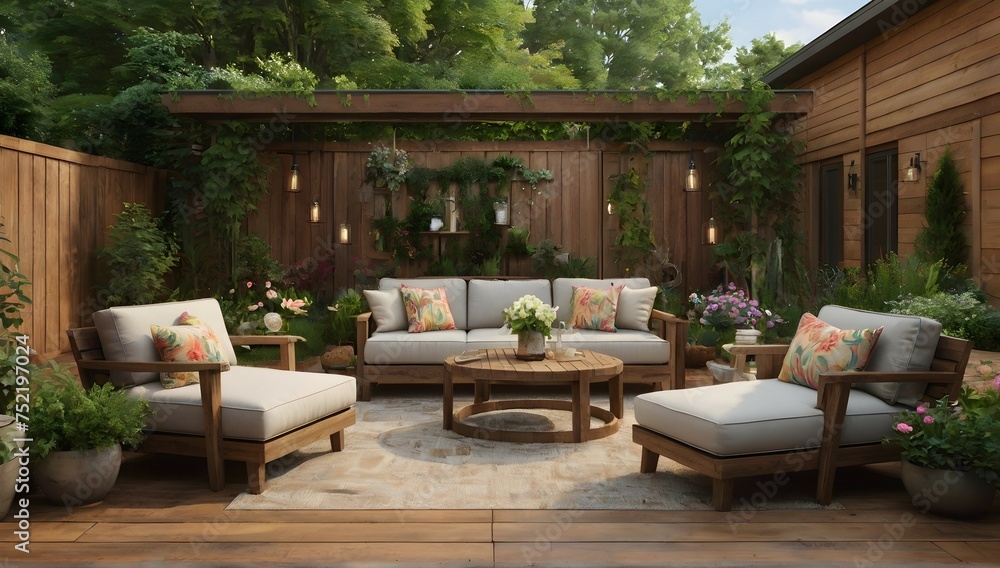 Fototapeta premium Step into your dream backyard oasis with our AI-generated image of a rustic patio furniture set nestled on a wooden deck surrounded by lush greenery and vibrant flowers