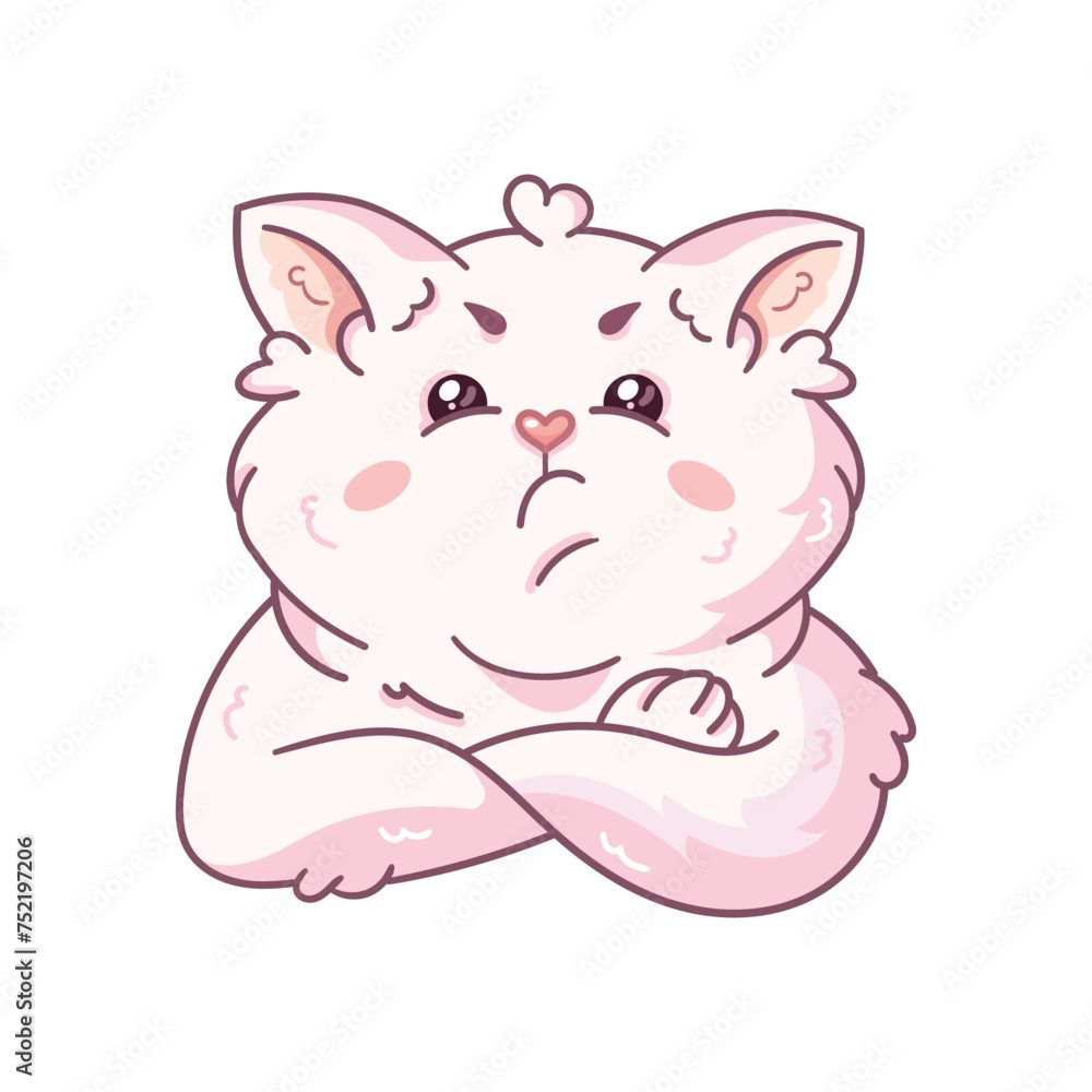 Naklejka premium A cute fluffy white cat looks displeased with his arms crossed over his chest. Vector illustration isolated on a white background