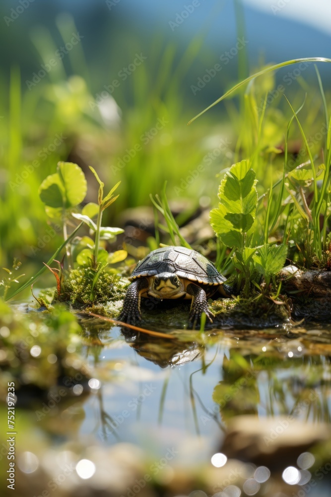 Beautiful land turtle in green grass habitat near tranquil puddle wildlife scenery Beautiful land turtle in green grass habitat near tranquil puddle wildlife scenery