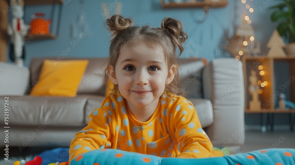 Adorable young girl with playful buns smiling at home, vibrant interior. Adorable young girl with playful buns smiling at home, vibrant interior.
