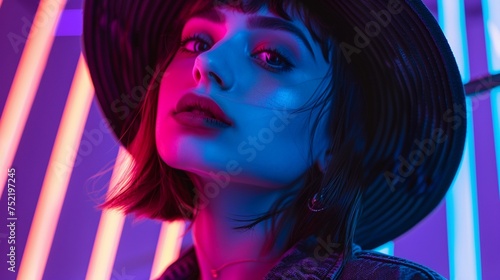 Portrait of Confident and Stylish Young Woman Under Neon Lights