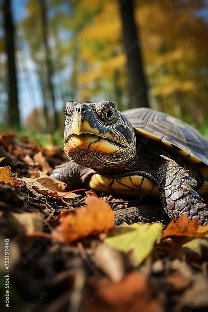 Stunning land turtle admiring the breathtaking beauty of the autumn forest landscape Stunning land turtle admiring the breathtaking beauty of the autumn forest landscape