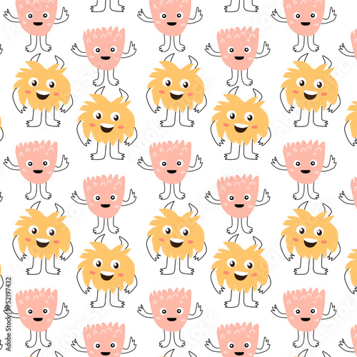 Cute baby pink and yellow monsters seamless pattern with doodle graphic