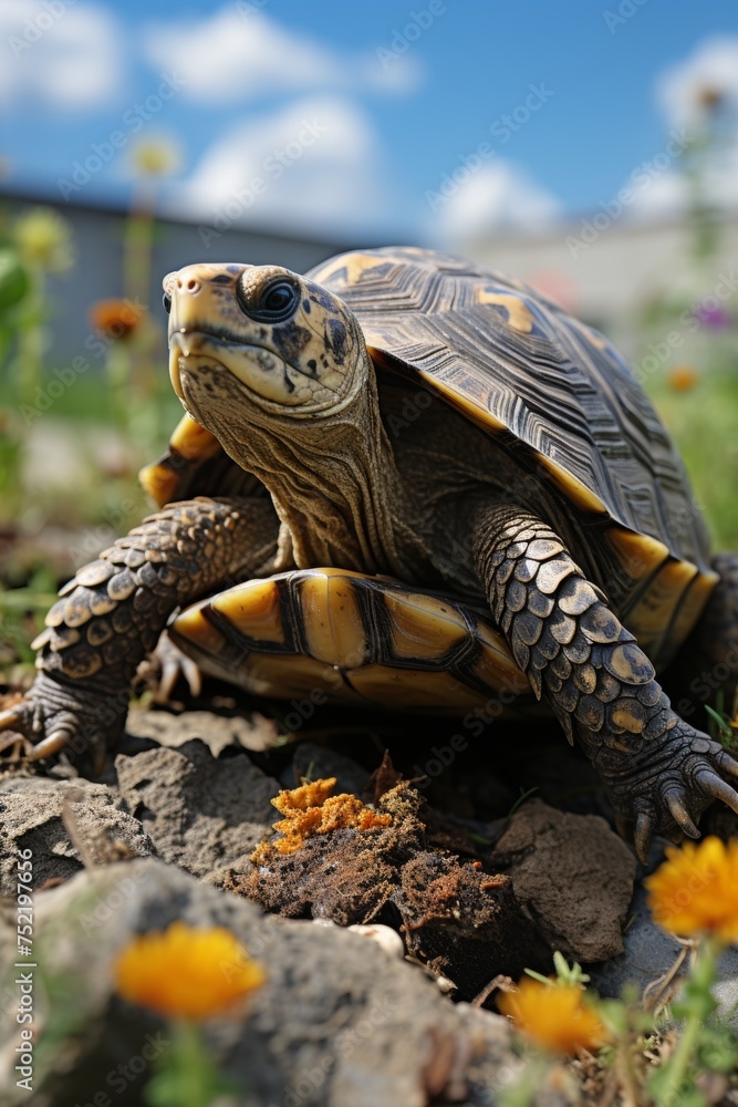 Turtle among vibrant yellow wildflowers on international turtle protection day in the summer Turtle among vibrant yellow wildflowers on international turtle protection day in the summer