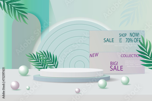 Blue background of shining 3d and semicircular podium with pearl sprinkles