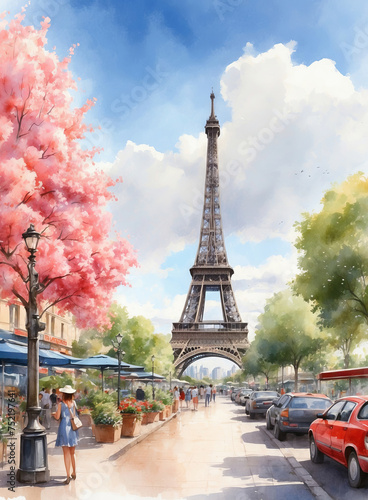 Fototapeta Naklejka Na Ścianę i Meble -  Spring in paris, watercolor eiffel tower and street