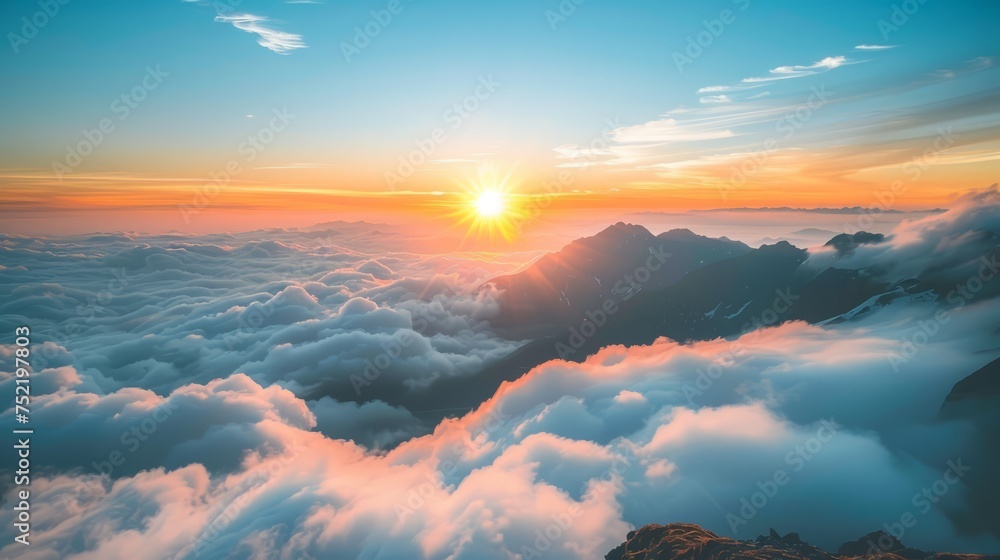 Sunrise over the clouds. Panoramic view of the clouds.