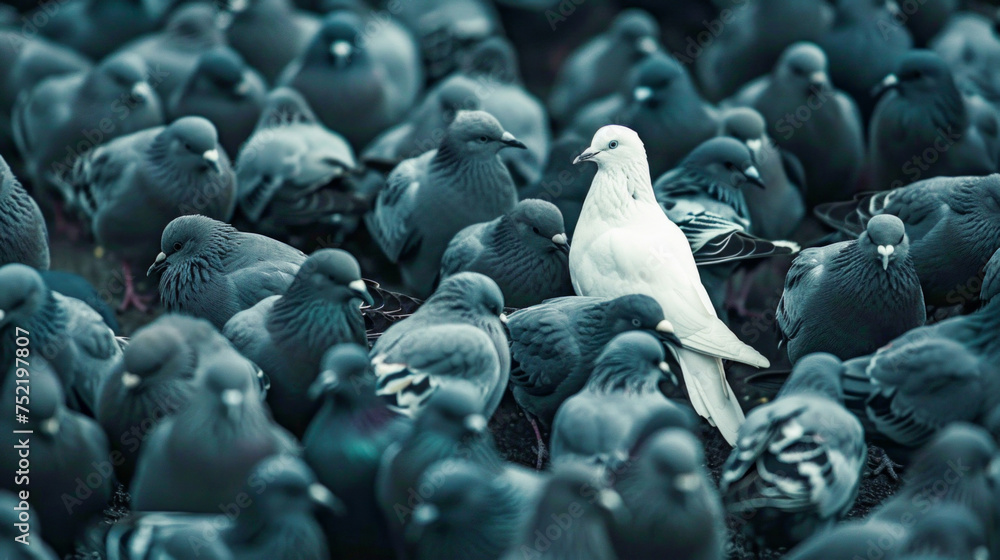 Obraz premium Stand Out in the Crowd: Solitary White Pigeon Among Grey. Generative ai