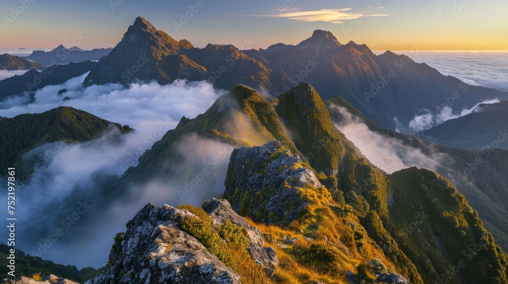 Mountain landscape at sunrise. Panoramic view of the valley.