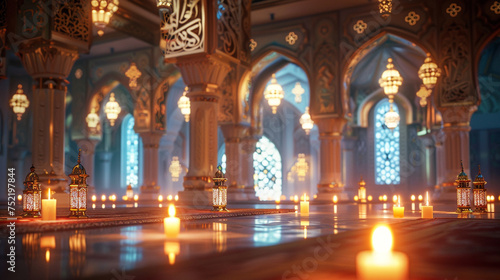 A cozy indoor scene with soft candlelight illuminating a beautifully decorated mosque interior, creating an inviting ambiance for Ramadan gatherings. 8K.