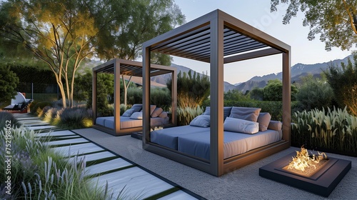 A luxurious outdoor lounge space with sleek daybeds and modern fire features  ideal for stargazing nights.