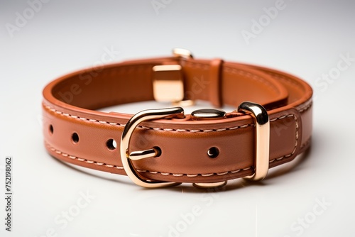 Brown leather pet collar on white background - handmade design for dogs and cats