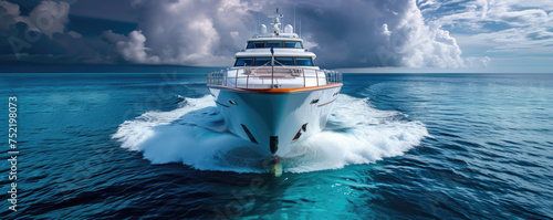 A luxury yacht cuts through the azure ocean, with white waves in its wake under a dramatic sky.
