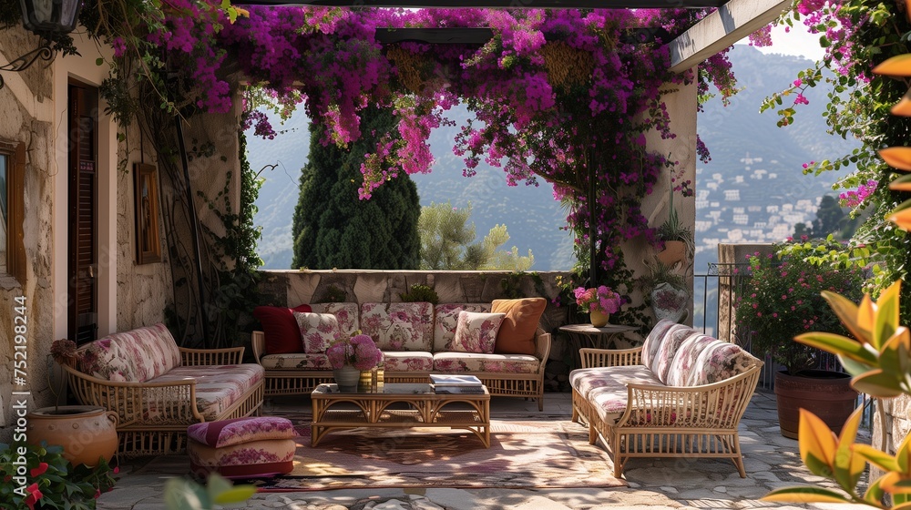 A picturesque terrace adorned with vintage-inspired seating and vibrant cushions, framed by blooming bougainvillea.