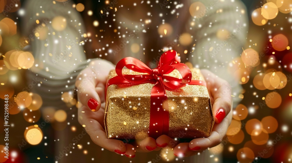 Woman's Hand Holding Christmas and New Year Gift Box on Festive Background