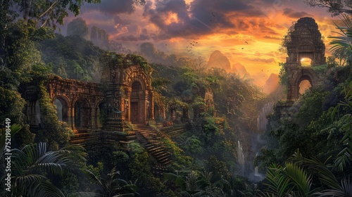 Mysterious temple complex in the jungle. Panorama