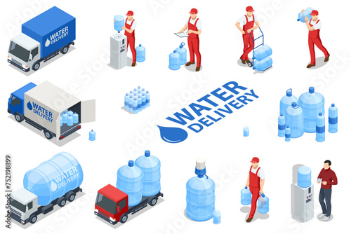 Isometric water delivery man, cooler with water bottle. Truck carrying plastic containers of drinking water