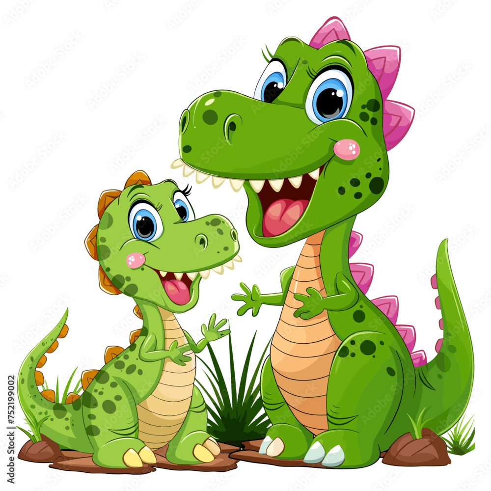 Fototapeta premium A Cute cartoon big sister and little sister dinosaurs Vector Illustration, green dragon