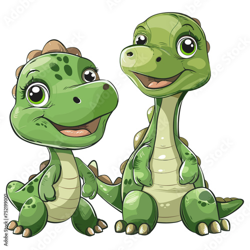A Cute cartoon big sister and little sister dinosaurs Vector Illustration, green dragon © TechPeak Crafts