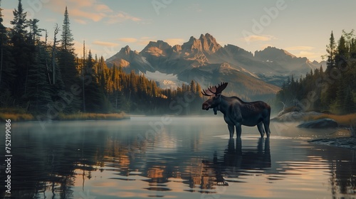 Moose Wading in Lake. In the serene pre-dawn light  a majestic moose wades through a misty mountain lake surrounded by forests.