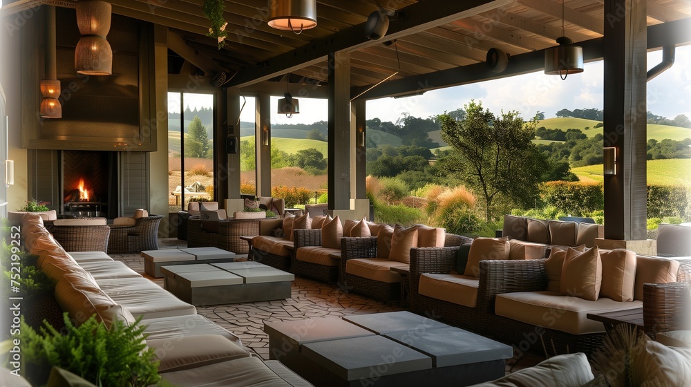 A stylish lounge space with comfortable seating and a cozy fireplace, set against a backdrop of rolling hills.