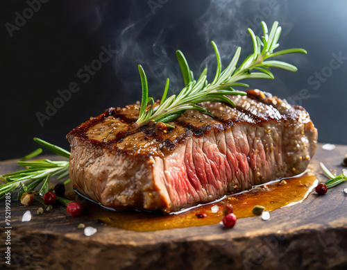 Grilled sliced juicy beef rib eye steak with herbs on the cutting board