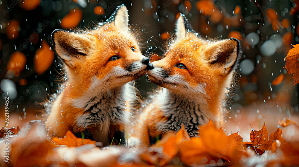 two small foxes on a lawn - obrazy, fototapety, plakaty 