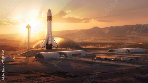 Fototapeta Naklejka Na Ścianę i Meble -  Space rocket in the desert at sunset.