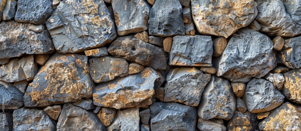A closeup view of a stone wall made of rocks in varying shades of brown and gray. A closeup view of a stone wall made of rocks in varying shades of brown and gray.