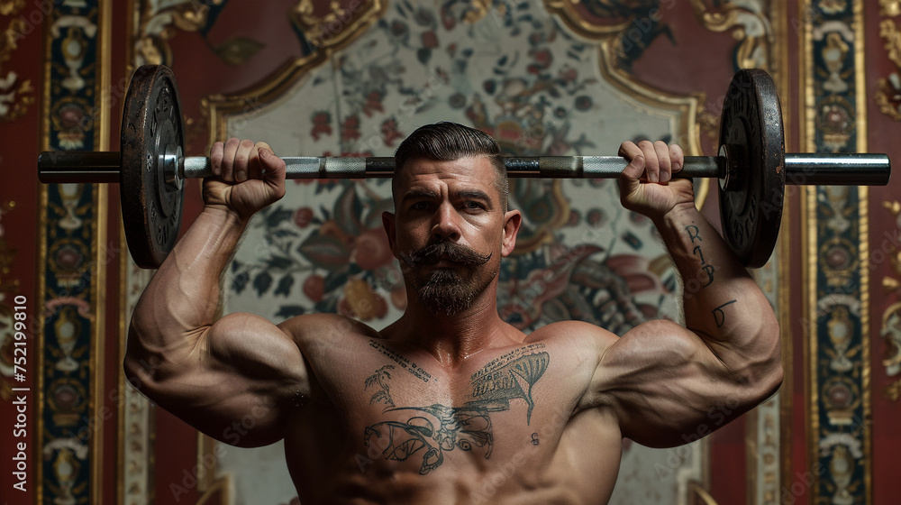 Portrait photography of a fitness model with a classic pinup look lifting vintage dumbbells framed by midcentury modern design elements Portrait photography of a fitness model with a classic pinup look lifting vintage dumbbells framed by midcentury modern design elements