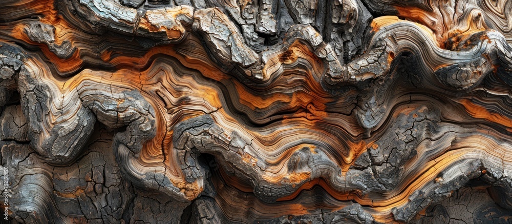 A detailed close up view of the textured bark and growth rings on a tree trunk.