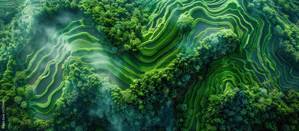 An overhead perspective of a dense and vibrant green forest. - obrazy, fototapety, plakaty 