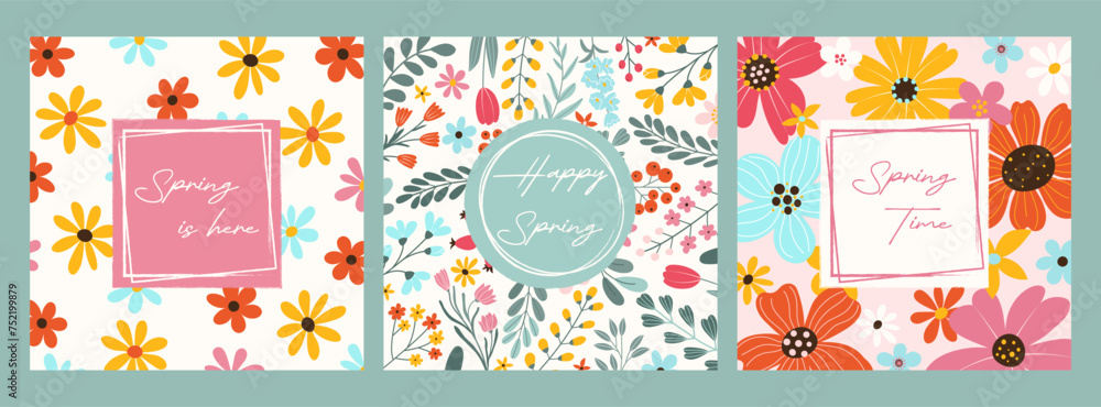 Collection 3 spring cards with floral pattern. Simple abstract colorful flowers, herbs and handwritten text. Space for text with grunge texture. Template for poster, banner, social media.
