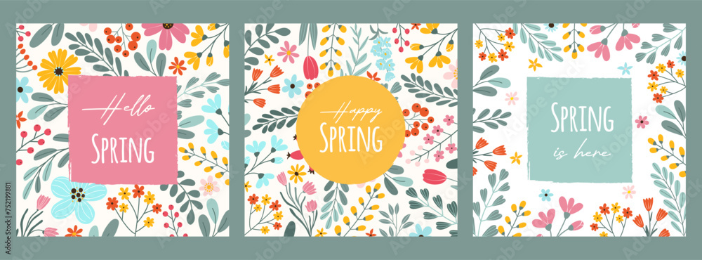 Set 3 spring cards with floral pattern. Different abstract colorful flowers, leaves, berries and handwritten text. Space for text with rough edges. Template for poster, banner, social media.