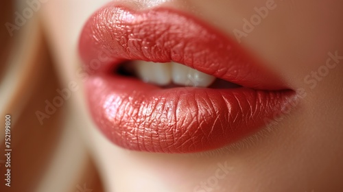 Sexy lips. Makeup detail of beauty scarlet lips. Beautiful makeup close-up. Sensual open mouth. lipstick or lip gloss. Cosmetology and makeup advertising concept.