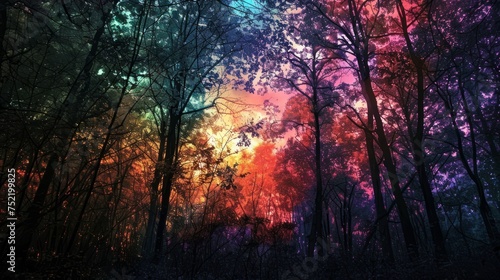 Mystical foggy forest. Colorful forest at night.