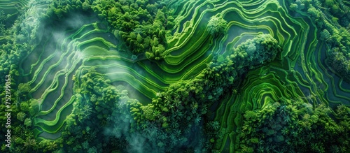 An overhead perspective of a dense and vibrant green forest.