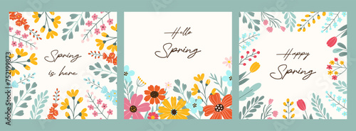 Set 3 square cards in flat style for spring or summer design on white background. Abstract colorful drawing flowers, herbs and handwritten typography for poster, banner, social media.