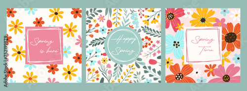 Collection 3 spring cards with floral pattern. Simple abstract colorful flowers, herbs and handwritten text. Space for text with grunge texture. Template for poster, banner, social media.