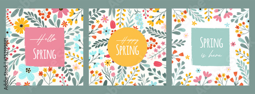 Set 3 spring cards with floral pattern. Different abstract colorful flowers  leaves  berries and handwritten text. Space for text with rough edges. Template for poster  banner  social media.