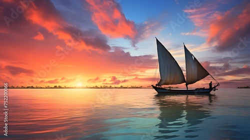 Two sailboats on a body of water. One sailboat has a red sail, while the other has a white sail. They are sailing towards the left side of the image. The sky is blue with white clouds