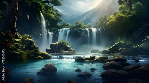 A river flows through a dense forest, with a large waterfall on the right and rocks covered in moss on the left.