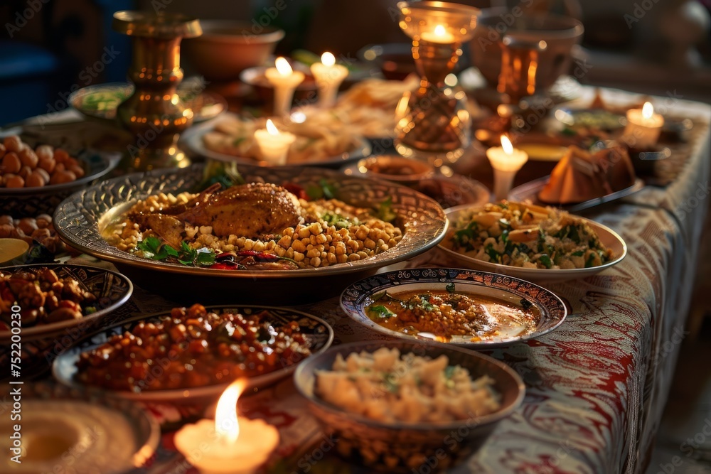 Table full of Arabic food and decorated with candles